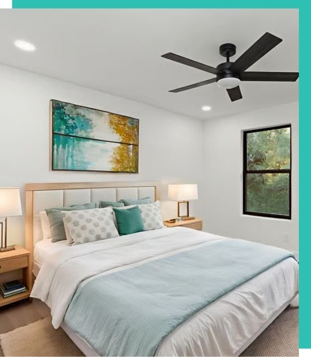 Modern bedroom with large windows and contemporary furnishings